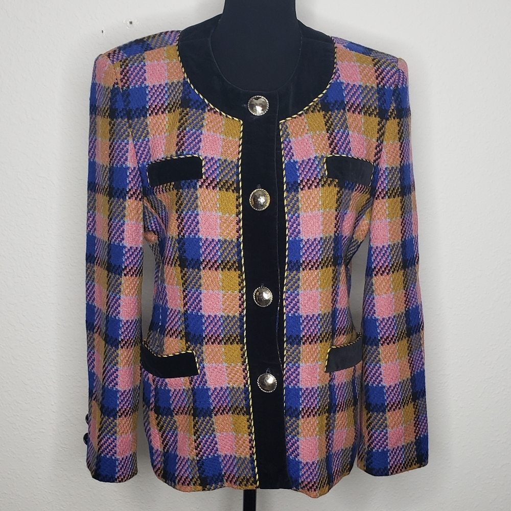 Vintage Florence Womens Plaid Tweed Wool Mohair Blazer Jacket Size 42 Preppy - Picture 1 of 16